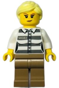 Jail Prisoner 50382 Minifigure - Jail Prisoner with bright light yellow ponytail, dark tan legs, smirk, wearing jail prisoner 50382 stripes - cty1368