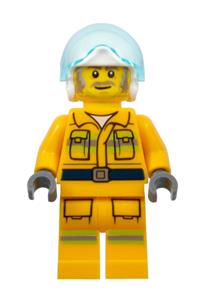Firefighter Pilot Minifigure - Firefighter with reflective stripes on a bright light orange suit, white helmet, and dark tan and gray beard - cty1369