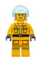 Firefighter with reflective stripes on a bright light orange suit, white helmet, and dark tan and gray beard - cty1369