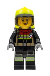 Firefighter Male Minifigure - Male firefighter in a black jacket with reflective stripes and red collar, black legs, neon yellow fire helmet with trans-black visor - cty1370