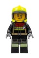 Male firefighter in a black jacket with reflective stripes and red collar, black legs, neon yellow fire helmet with trans-black visor - cty1370