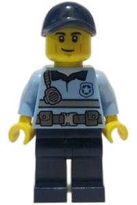 Police - City Officer Bright Light Blue Shirt with Silver Stripe, Badge and Radio, Dark Blue Legs, Dark Blue Cap, Smirk cty1373