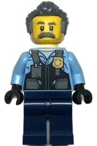 Officer Sam Grizzled Minifigure - Officer Sam Grizzled with dark bluish gray hair, wearing a bright light blue jacket and dark blue legs - cty1375
