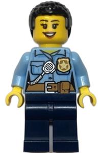 Police City Officer Female - Female City Police Officer with bright light blue shirt, badge, radio, dark blue legs, and short black curly hair - cty1381