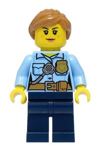Police - City Officer Female, Bright Light Blue Shirt with Badge and Radio, Dark Blue Legs, Medium Nougat Hair cty1384