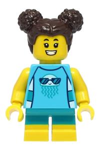 Girl Minifigure - Girl with dark brown hair wearing a medium azure sleeveless jellyfish shirt and dark turquoise short legs - cty1386