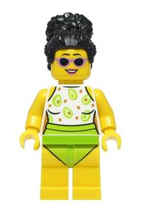Beach Tourist Minifigure - Female beach tourist with black hair, wearing a white and lime swimsuit - cty1387