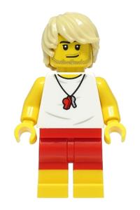 Male beach lifeguard Minifigure - Male beach lifeguard with tan hair wearing a white shirt and red shorts - cty1388