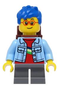 Boy Minifigure - Boy with blue hair wearing a bright light blue denim jacket, dark bluish gray short legs, and a reddish brown backpack - cty1393