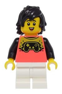 Boy Minifigure - Boy with black hair wearing a coral shirt with a video game controller, white medium legs - cty1394