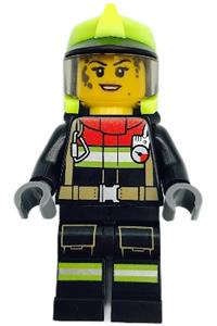 Firefighter Female Minifigure - Female firefighter in black jacket with reflective stripes, red collar, black legs, neon yellow fire helmet, trans-black visor, and dark bluish gray splotches - cty1399