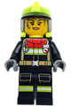 Fire - Female, Black Jacket and Legs with Reflective Stripes and Red Collar, Neon Yellow Fire Helmet, Trans-Black Visor, Dark Bluish Gray Splotches - cty1399