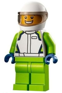 Race Car Driver Minifigure - Male race car driver wearing a white race jacket and helmet with lime legs - cty1400