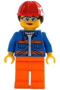 Construction Worker - Female, Blue Open Jacket with Pockets and Orange Stripes, Orange Legs, Red Construction Helmet with Dark Brown Hair cty1402