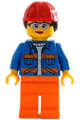 Construction Worker - Female, Blue Open Jacket with Pockets and Orange Stripes, Orange Legs, Red Construction Helmet with Dark Brown Hair - cty1402