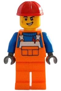 Construction Worker - Male, Orange Overalls with Reflective Stripe and Buckles over Blue Shirt, Orange Legs, Red Construction Helmet cty1403