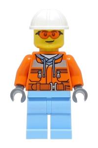 Construction Worker - Male, Orange Safety Jacket, Reflective Stripe, Sand Blue Hoodie, Bright Light Blue Legs, White Construction Helmet, Orange Safety Glasses cty1404