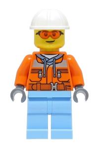 Construction Worker Minifigure - Male construction worker in an orange safety jacket with reflective stripe, wearing a sand blue hoodie, bright light blue legs, white construction helmet, and orange safety glasses - cty1404