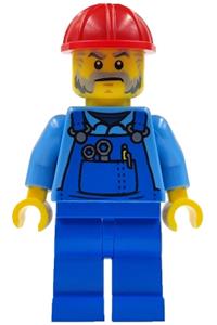 Mechanic Male with Red Construction Helmet, Beard, Medium Blue Shirt, and Blue Overalls, with Back Print cty1406
