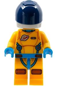 Lunar Research Astronaut Minifigure - Male lunar research astronaut in bright light orange and dark azure suit with white helmet, dark blue visor, and beard - cty1410