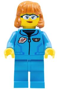 Lunar Research Astronaut Minifigure - Female lunar research astronaut wearing a dark azure jumpsuit, with dark orange hair and safety glasses - cty1411