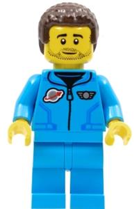 Lunar Research Astronaut Minifigure - Male lunar research astronaut with dark brown coiled hair, wearing a dark azure jumpsuit and sporting stubble - cty1412