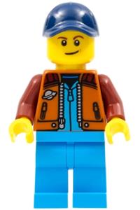 Lunar Research Astronaut Minifigure - Male astronaut in dark orange classic space jacket with dark azure legs, wearing a dark blue cap with hole and lopsided smile, designated as a rover driver - cty1415