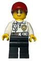 Female firefighter with white shirt featuring fire logo badge and belt, black legs, and red cap with ponytail - cty1417