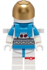 Lunar Research Astronaut Minifigure - Male astronaut in white and dark azure suit with white helmet, metallic gold visor, backpack clips, and open mouth smile - cty1424