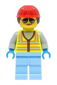 Space Engineer - Female, Neon Yellow Safety Vest, Bright Light Blue Legs, Red Construction Helmet with Dark Brown Hair cty1425