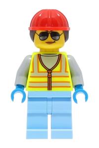 Space Engineer Minifigure - Female space engineer wearing a neon yellow safety vest, bright light blue legs, and a red construction helmet with dark brown hair - cty1425