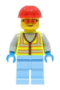 Space Engineer Minifigure - Male space engineer wearing a red construction helmet, neon yellow safety vest, bright light blue legs, and orange safety glasses - cty1426