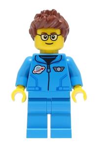 Lunar Research Astronaut Minifigure - Male astronaut in a dark azure jumpsuit with reddish brown spiked hair and glasses - cty1427
