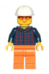 Construction Worker - Male, Dark Blue Plaid Button Shirt, Orange Legs, White Construction Helmet, Orange Safety Glasses cty1435