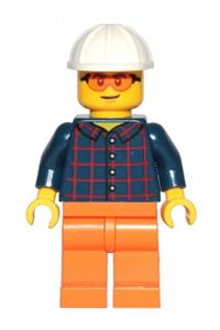 Construction Worker Minifigure - Male construction worker in a dark blue plaid button shirt, wearing orange legs, a white construction helmet, and orange safety glasses - cty1435