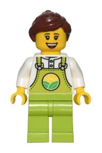 Farmer Minifigure - Female farmer with reddish brown hair, freckles, wearing lime overalls over a white shirt and lime legs - cty1437