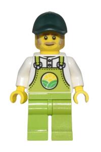 Farmer Horace Minifigure - Horace the farmer wears lime overalls over a white shirt, with lime legs, a dark green cap, and dark tan moustache and sideburns - cty1438