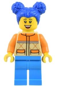 Woman Minifigure - Woman with blue pigtails wearing a tan and orange quilted vest, dark azure legs, and freckles - cty1439