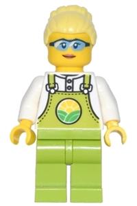Farmer Peach - Lime Overalls over White Shirt, Lime Legs, Bright Light Yellow High Bun, Glasses cty1441