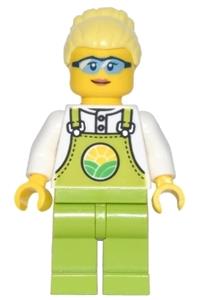 Farmer Peach Minifigure - Farmer Peach with lime overalls over white shirt, lime legs, bright light yellow high bun, and glasses - cty1441
