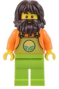 Farmer Minifigure - Male farmer in lime overalls over an orange shirt with lime legs, and dark brown shaggy hair and beard - cty1442