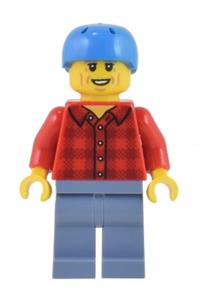 Electric Scooter Rider Male - Rider on an electric scooter wearing a red flannel shirt, sand blue legs, a dark azure helmet, and light bluish gray eyebrows - cty1451