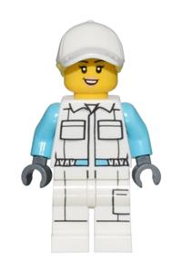Electric Scooter Attendant - Attendant in white jumpsuit with pockets, white legs with pocket, peach lips, and white cap - cty1452