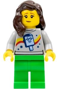 Stuntz Spectator Minifigure - Spectator with dark brown hair, wearing a popsicle shirt and bright green legs - cty1454