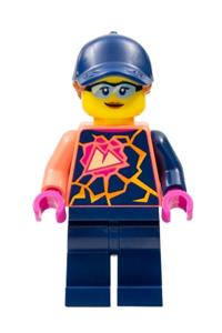Stuntz Crew Minifigure - Female Stuntz Crew member wearing a dark blue cap, coral shirt with sports logo, and dark blue legs - cty1458