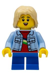 Stuntz Spectator Minifigure - Child Stuntz Spectator with long tan hair, wearing a bright light blue jacket over a red shirt and blue short legs - cty1459