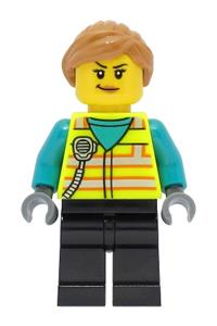 Train Driver - Female, Neon Yellow Safety Vest, Black Legs, Medium Nougat Hair cty1464