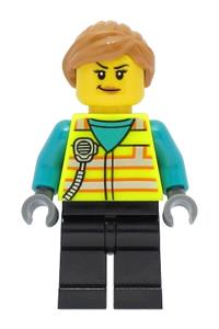 Train Driver Minifigure - Female train driver in a neon yellow safety vest with black legs and medium nougat hair - cty1464