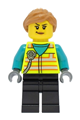 Female train driver in a neon yellow safety vest with black legs and medium nougat hair - cty1464