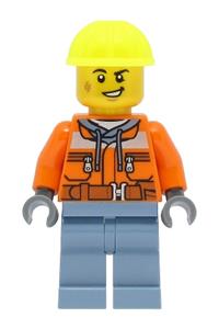 Train Worker Minifigure - Male train worker wearing an orange safety jacket, sand blue legs, and a neon yellow construction helmet - cty1465